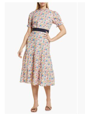 Boden Floral Frill Neck Cotton Midi Dress Size 6